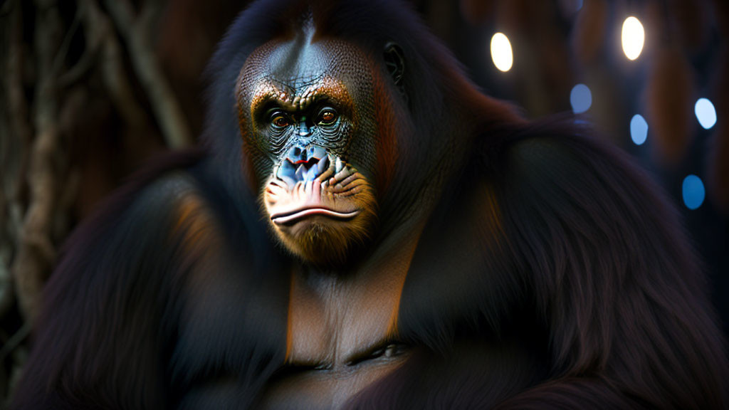 Detailed rendering of orangutan in dimly lit setting