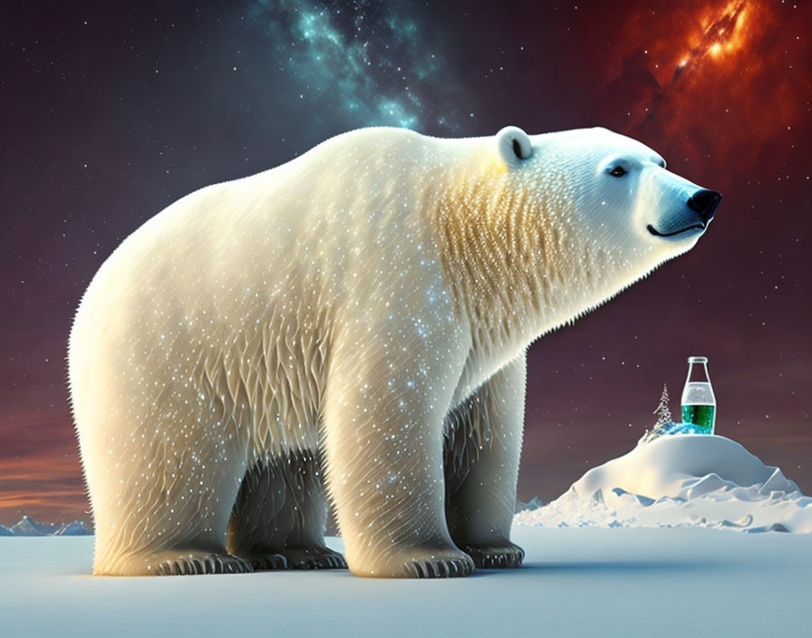 Polar bear on icy landscape with starry sky and soda bottle