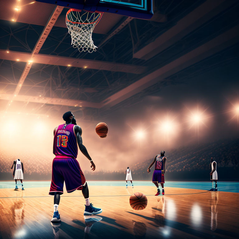 Purple jersey basketball player drives to basket in indoor arena with onlookers.