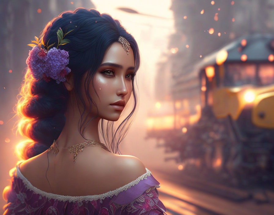 Digital artwork: Woman with purple flower in hair, contemplative, warm train station scene.