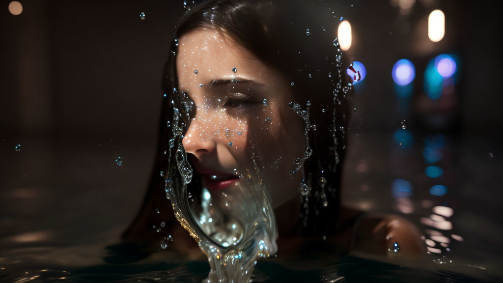 Woman Submerged in Water with Frozen Droplets and Backlit Bokeh Lights