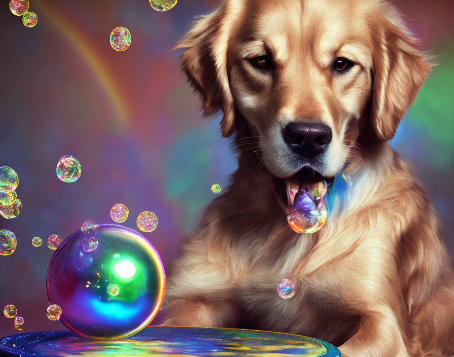 Golden retriever surrounded by iridescent bubbles on rainbow backdrop