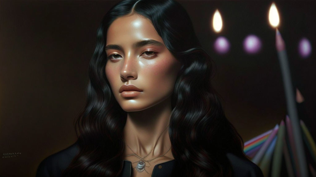 Dark-haired woman portrait with glowing skin and candles in warm ambiance