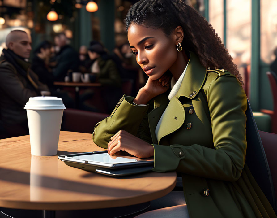 Woman in Green Coat Using Tablet at Cafe Table with Coffee Cup - People in Background