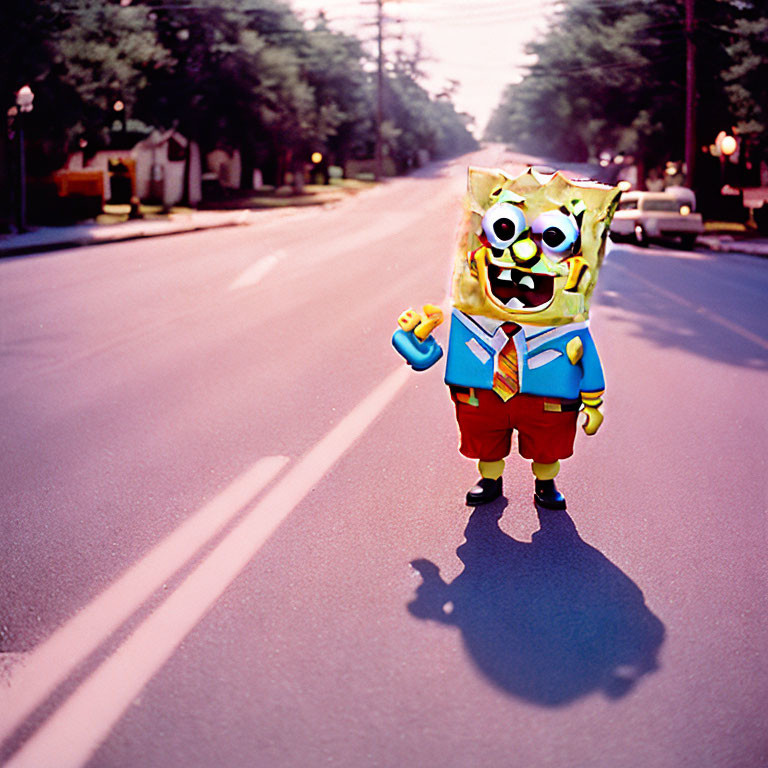 Person in SpongeBob costume on tree-lined street casting shadow