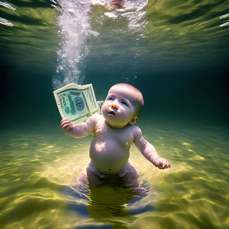 Baby underwater reaching for floating dollar bill in sunlight