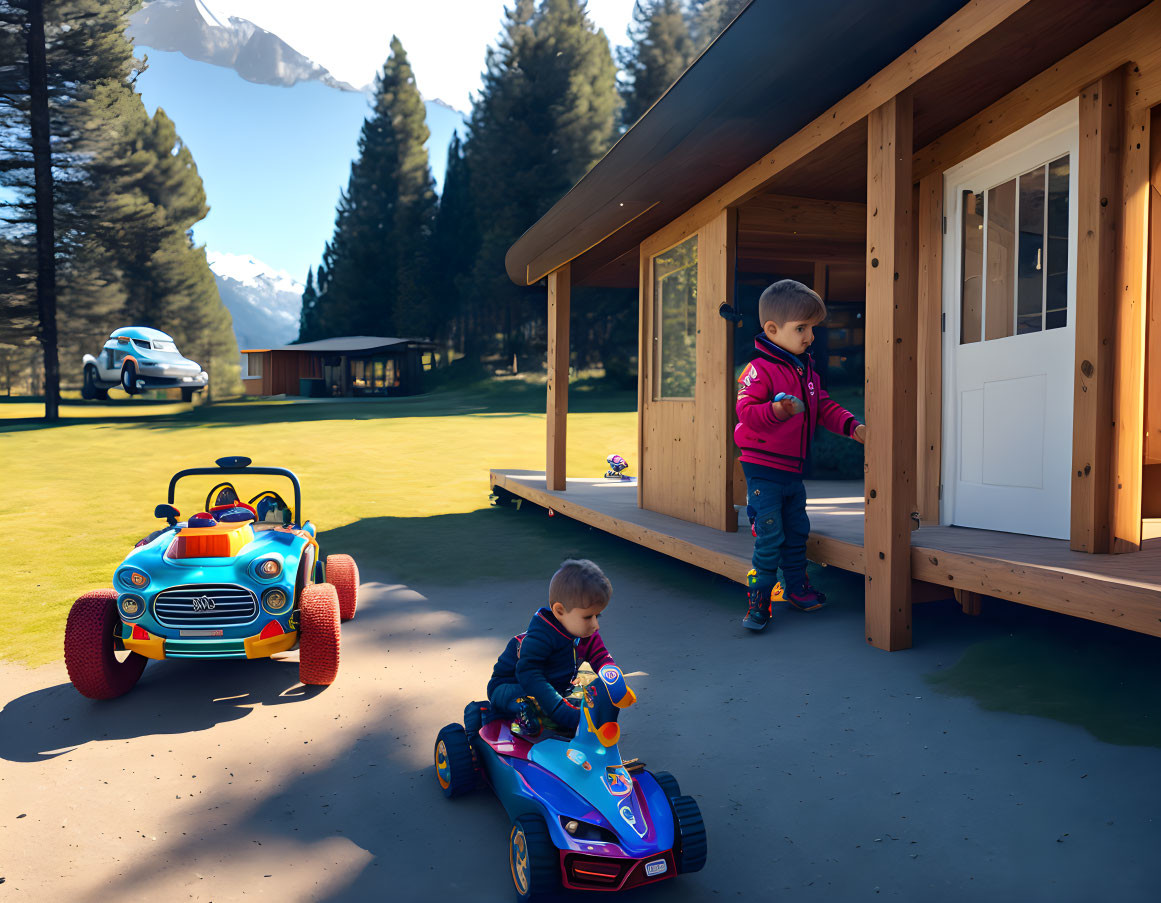 Kids playing with toy cars near wooden playhouse on sunny day with mountains.