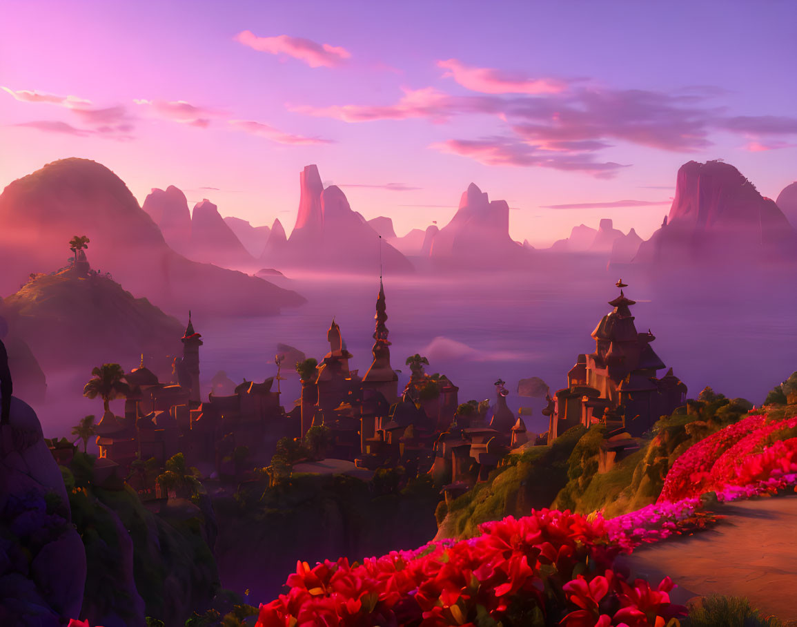 Vibrant pink flora and pagoda structures in serene fantasy landscape