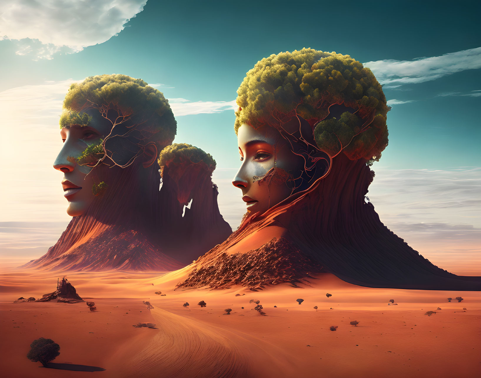 Surreal landscape: giant head-shaped mountains with tree canopy hair in reddish desert