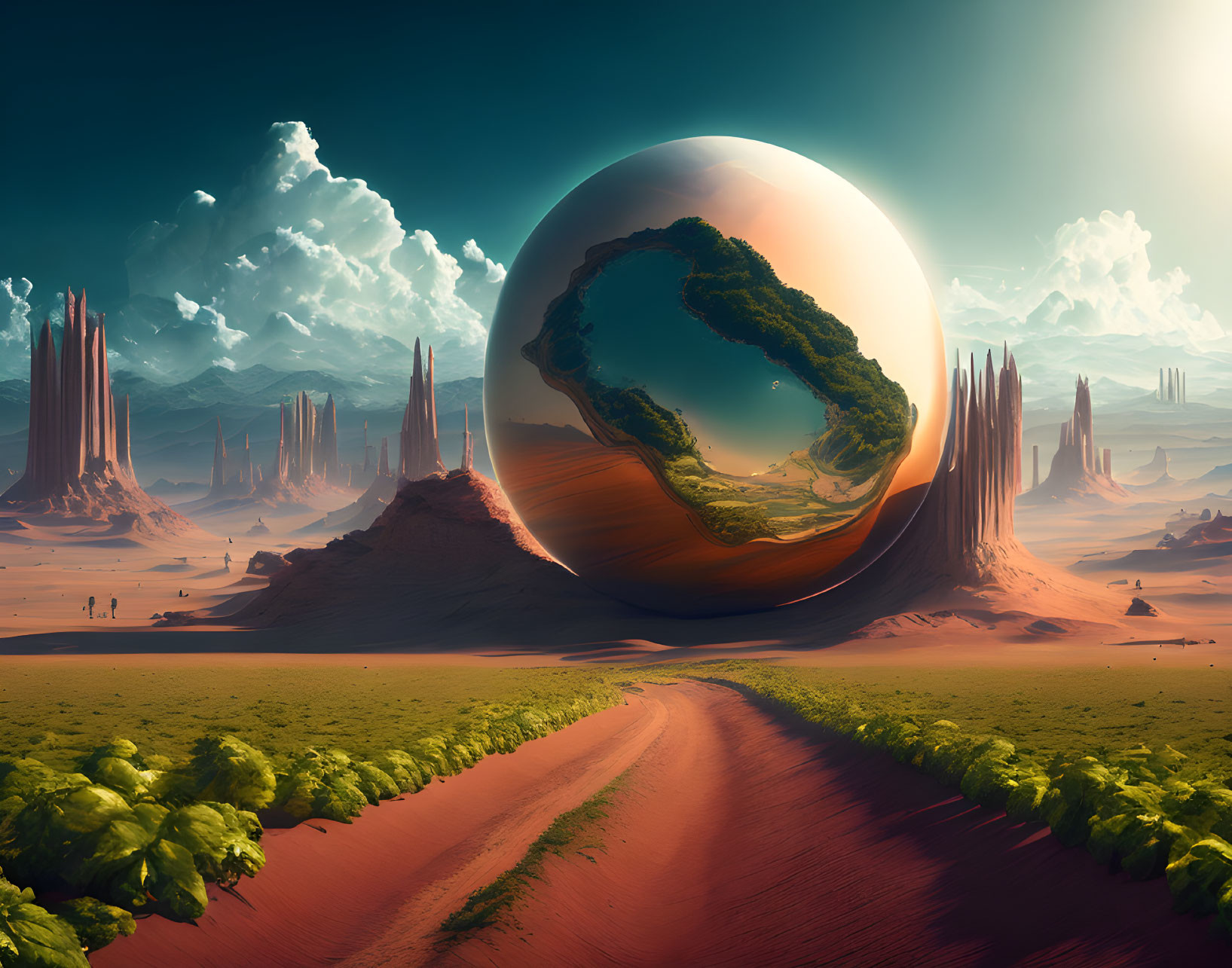 Surreal landscape with reflective sphere, inverted terrain, rocky pillars, greenery, and dirt path