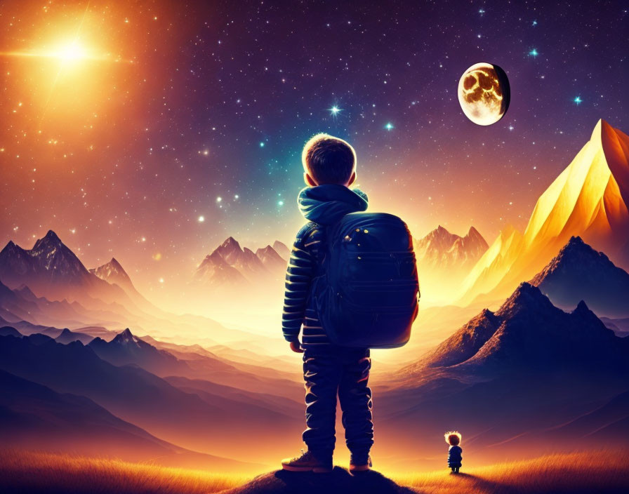 Young boy gazes at surreal night sky with stars, moon, and mountains