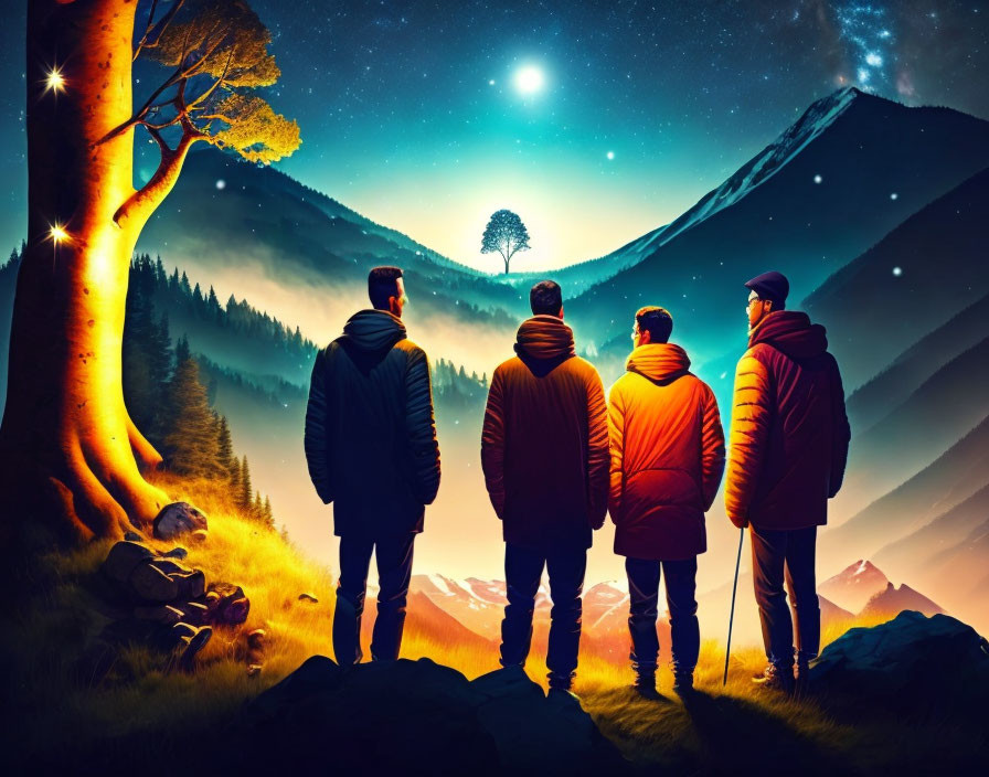 Four people admiring starry night sky with lit tree, mountains, and misty forest.