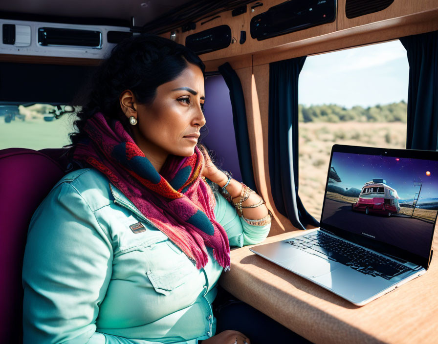 Woman looking out train window with open laptop, hinting at travel or remote work.