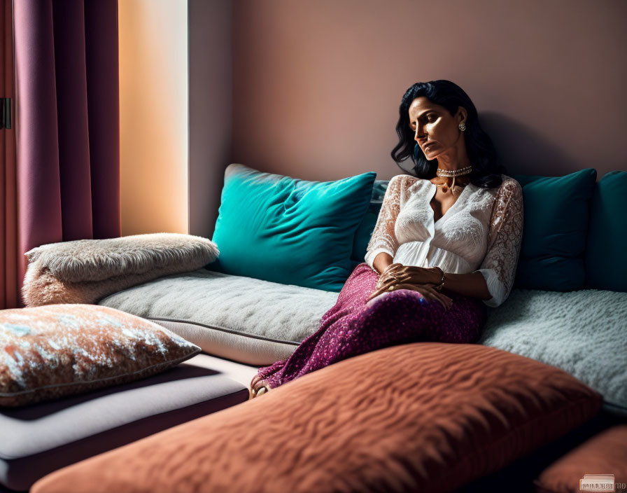 Woman in lace top and purple skirt sitting on couch with colorful pillows in warmly lit room