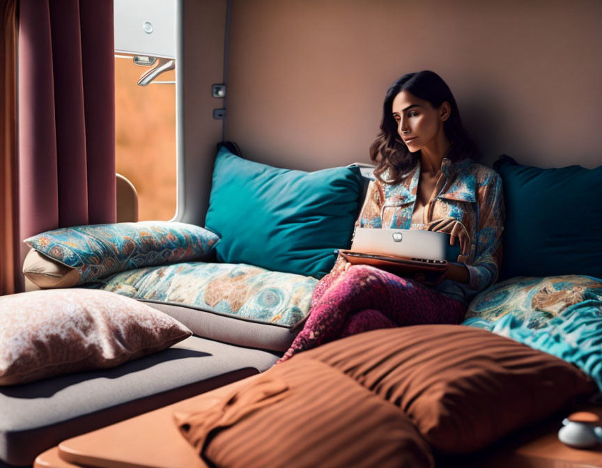 Woman sitting on couch with laptop by window.