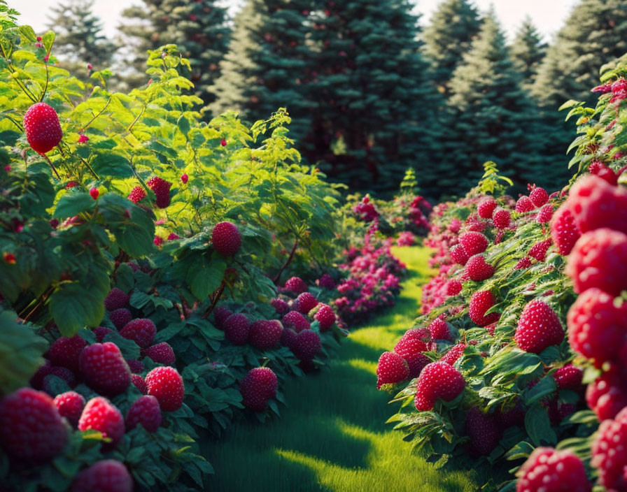 Fresh Raspberries on Bushes with Evergreen Trees in Background