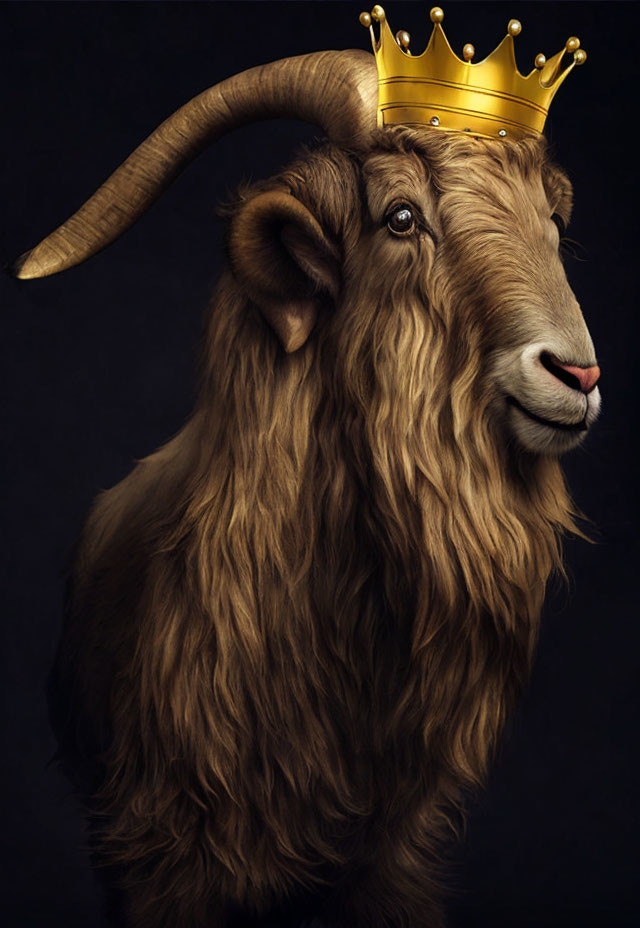 Regal goat with golden crown on dark background