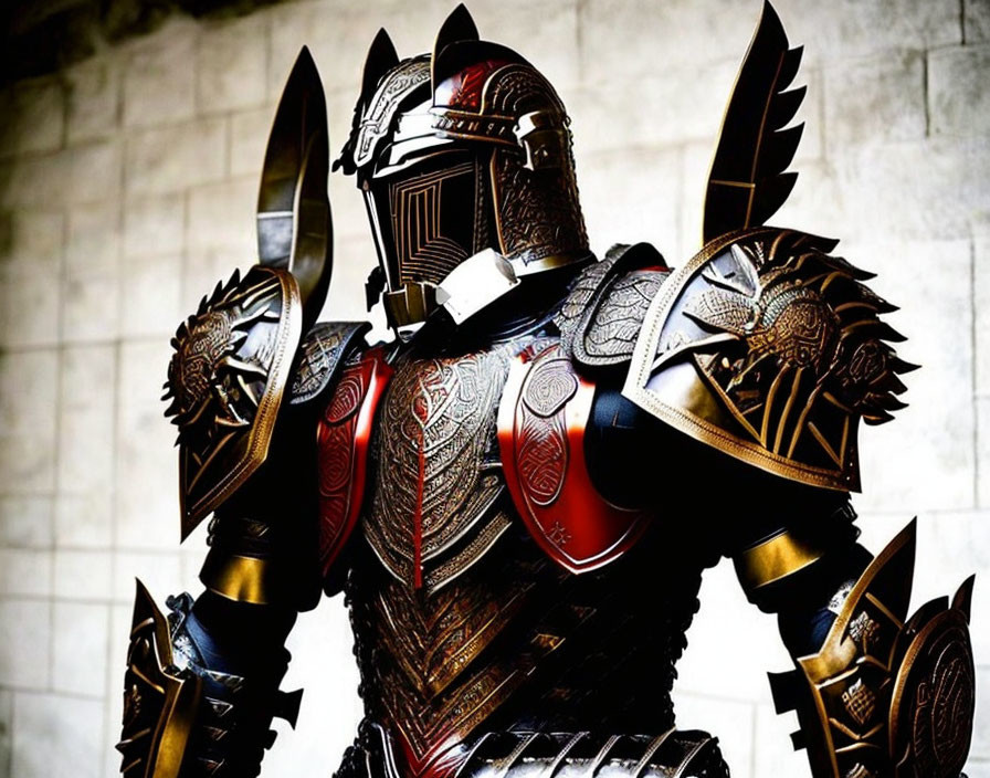 Detailed Ornate Suit of Armor with Plumed Helmet and Embossed Chest Plate on Light Stone Background