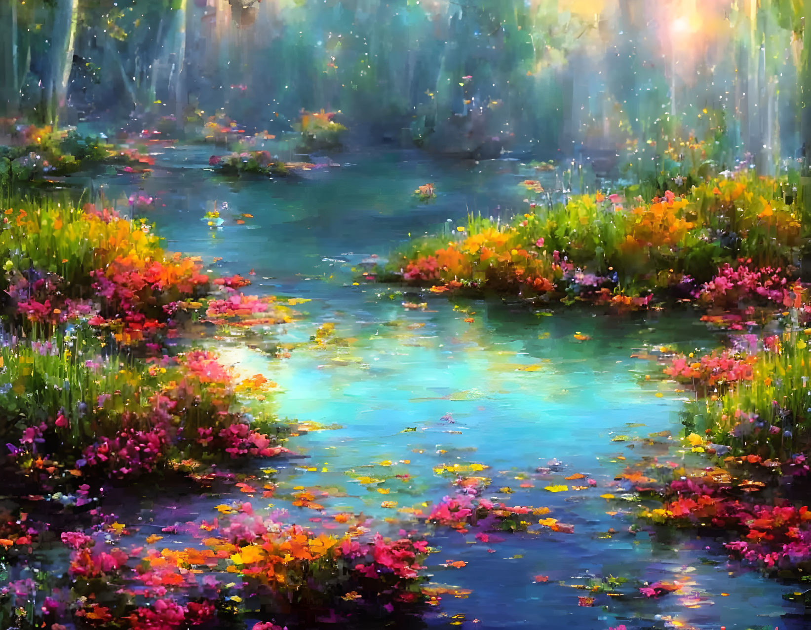 Vibrant flowers along tranquil stream in misty forest