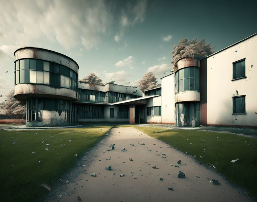 Abandoned modern building with curved architecture and debris under ominous sky