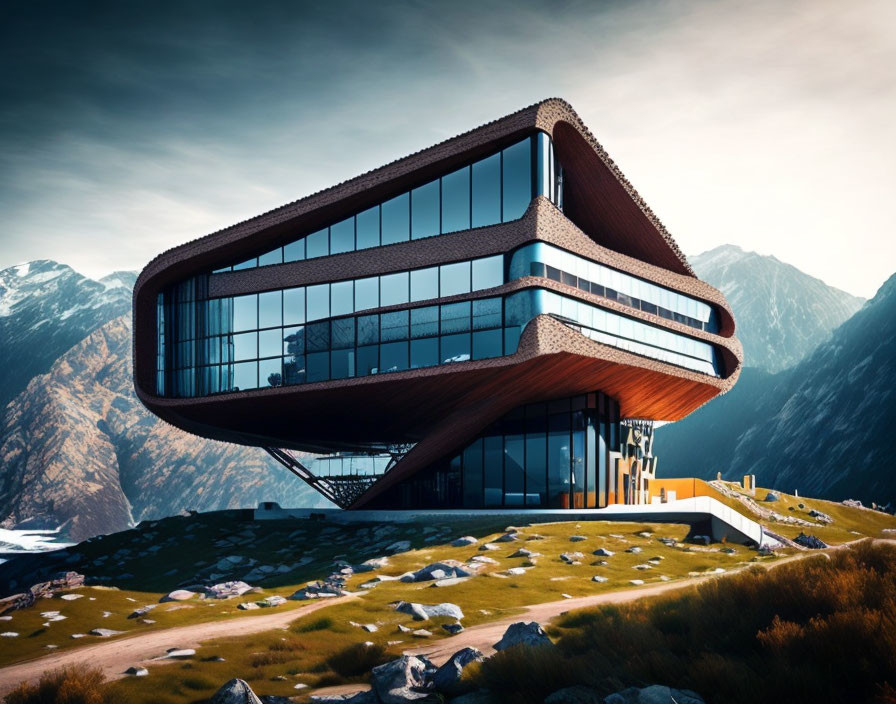 Curved dark glass building in mountainous landscape with green grass