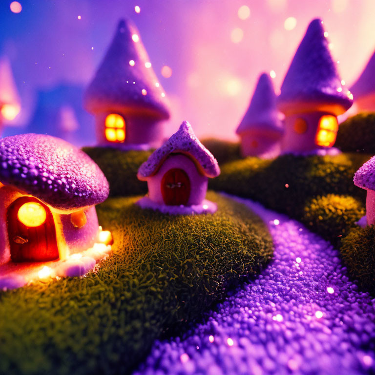 Enchanting miniature fairy-tale village at twilight with glowing windows