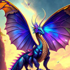 Majestic blue and purple dragon with butterfly-like wings on cliff edge