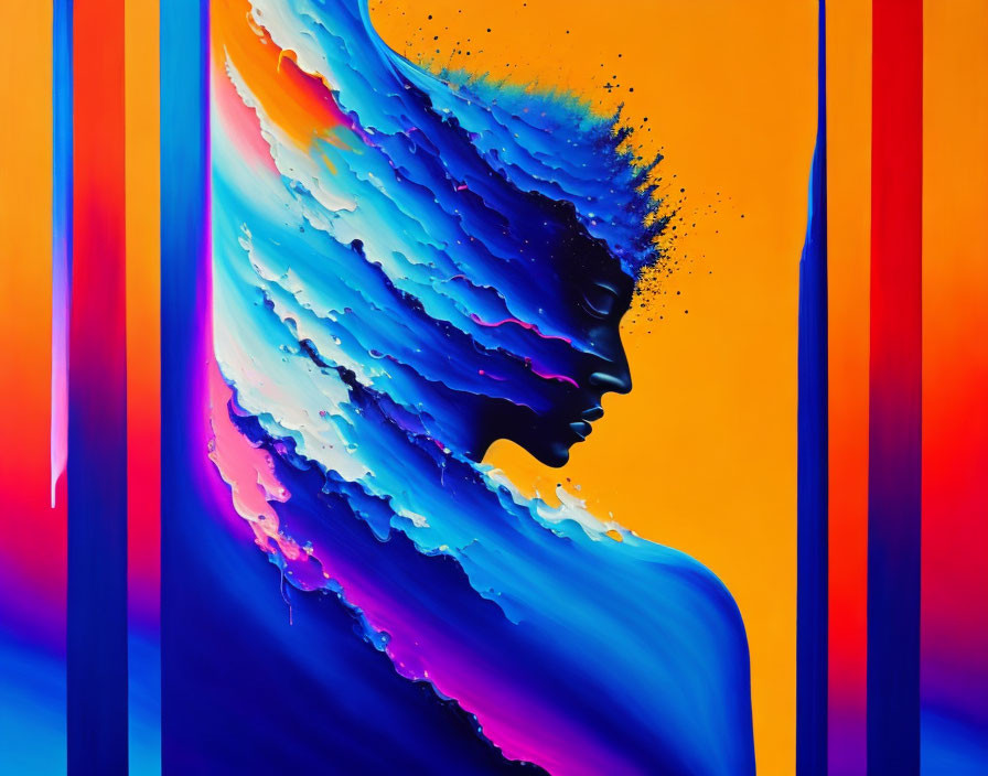 Profile portrait dissolving into blue waves on warm backdrop with vertical stripes