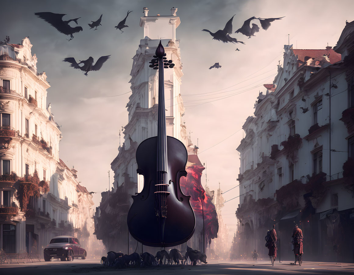 Giant Violin on European Street with Birds, People, and Vintage Cars