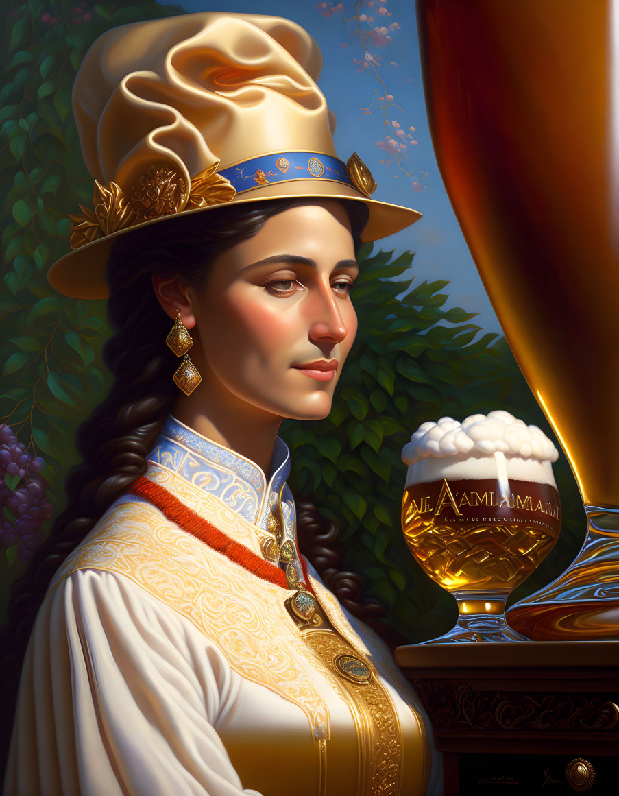 Portrait of woman with golden hat and beer glass in luxurious setting