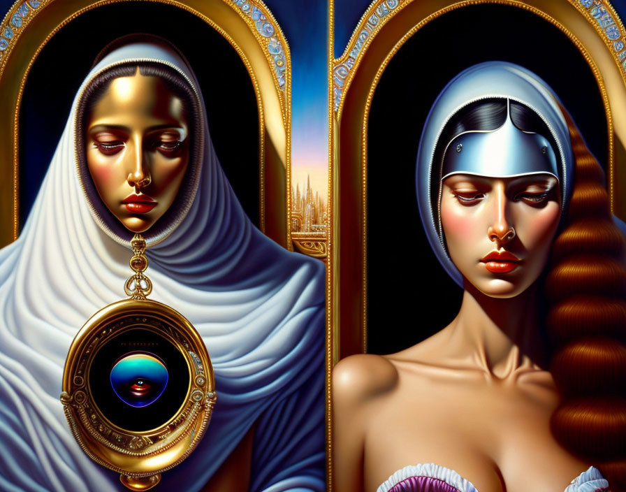 Stylized portraits of woman in religious attire and futuristic silver headpiece