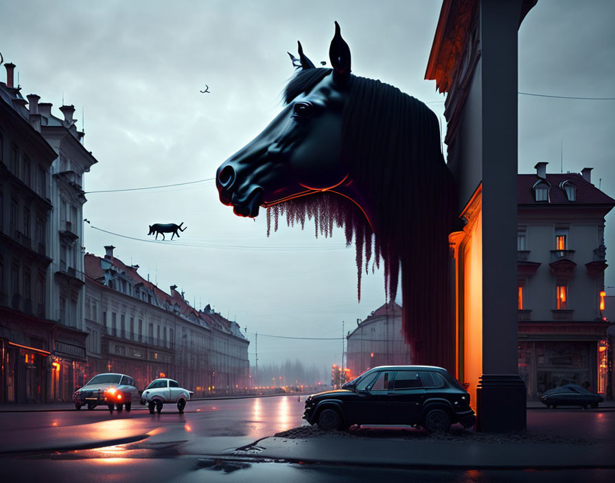 Surreal city scene at dusk: giant horse head sculpture, floating horse, wet streets.