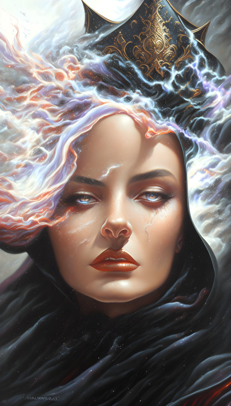 Surreal portrait of woman with cosmic hair, golden crown, and dark cloak against starry background