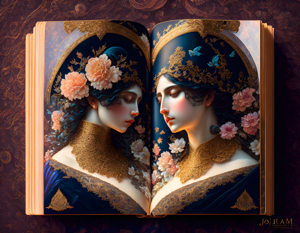 Symmetrical woman illustration in open book with floral crown and elegant attire