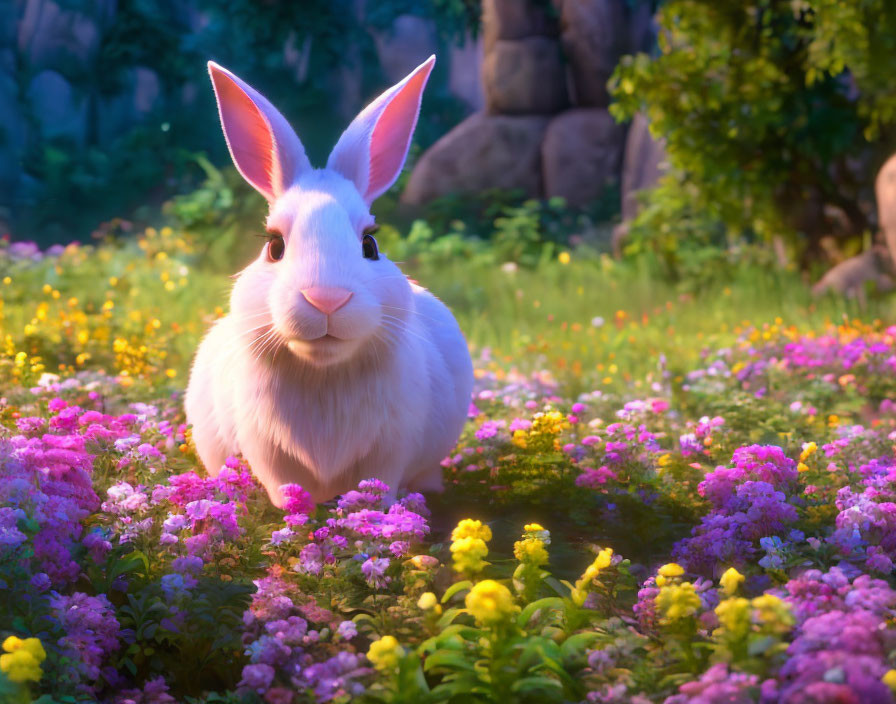 White Rabbit with Pink Ears in Colorful Forest Clearing