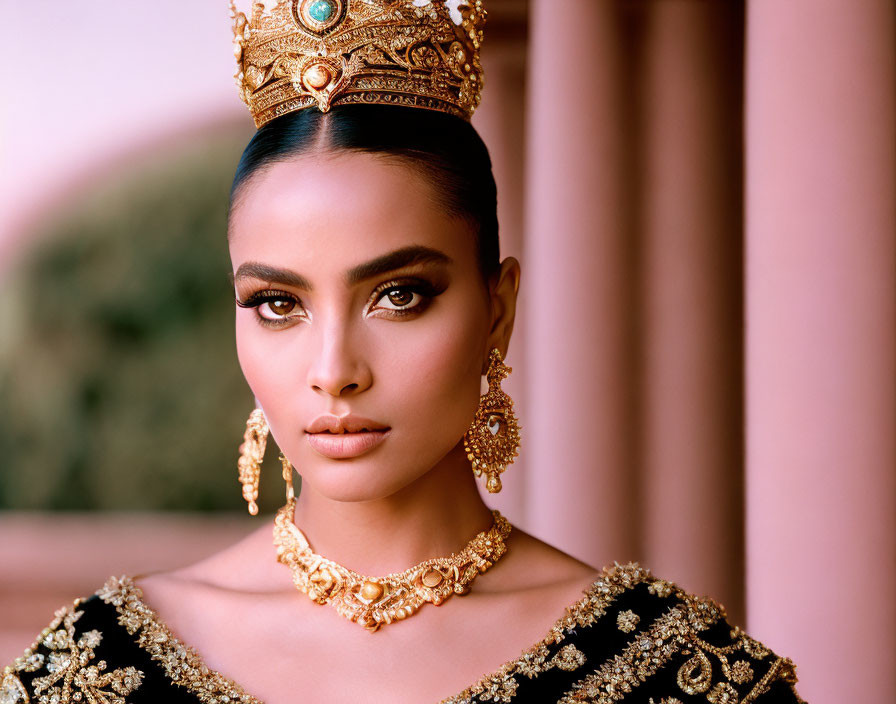 Woman with Prominent Makeup Wearing Crown and Gold Jewelry