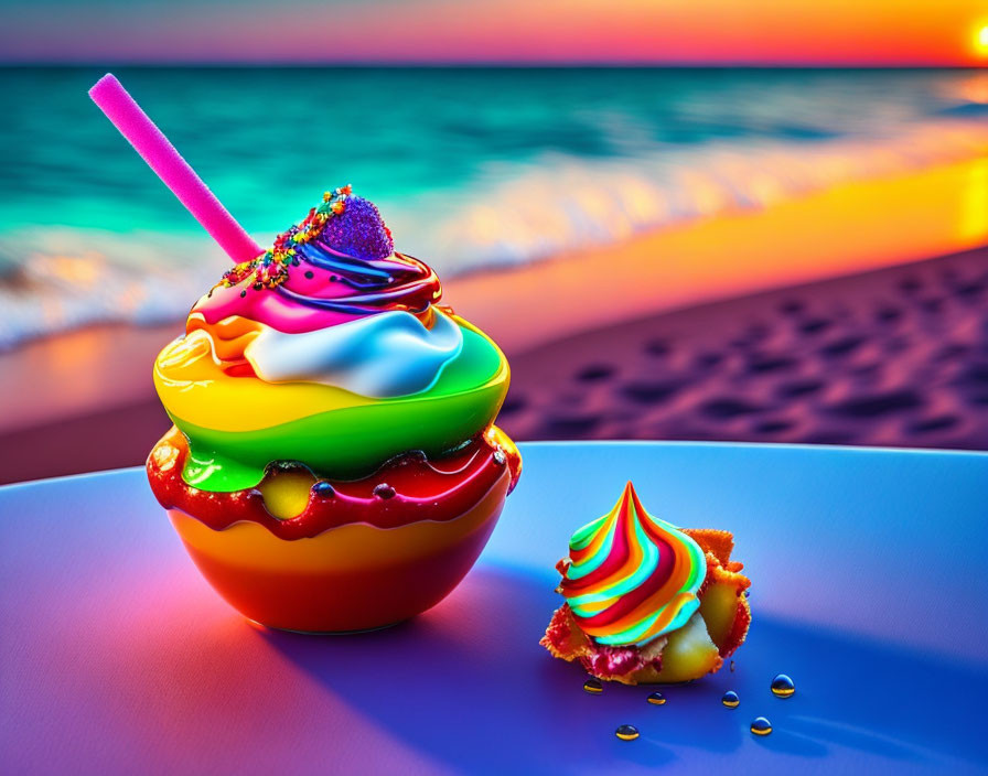 Colorful Swirl Topped Dessert on Blue Surface with Beach Sunset Background