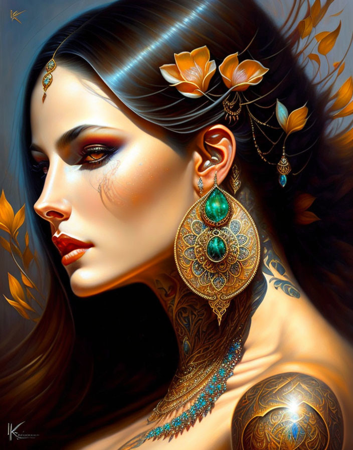 Portrait of woman with golden jewelry & arm tattoos among orange leaves