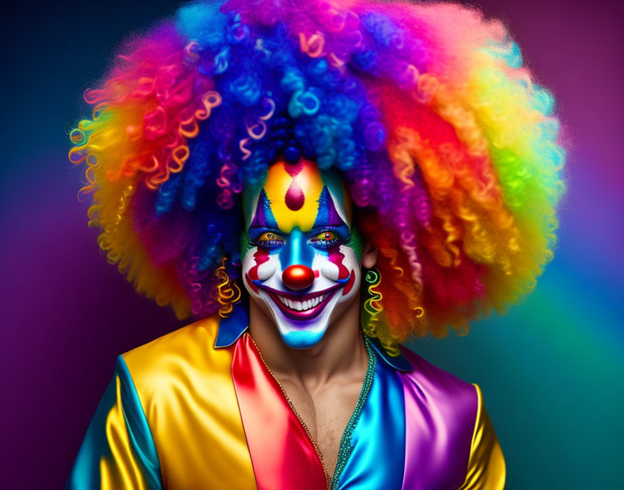 Colorful Clown with Vibrant Wig and Bright Face Paint Smiling