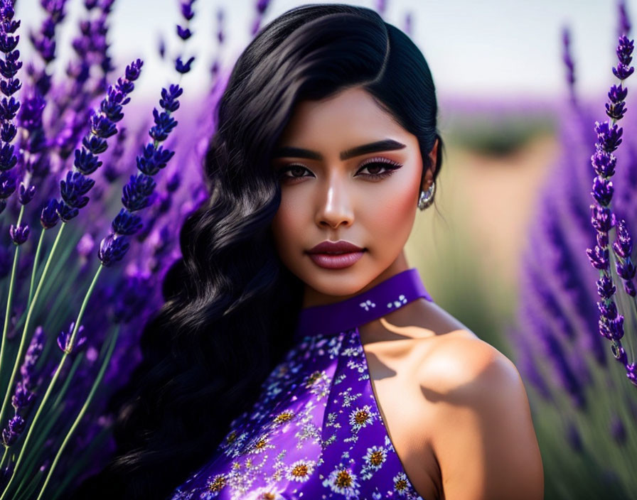 Curled Black Hair Woman in Purple Floral Outfit amid Lavender Fields