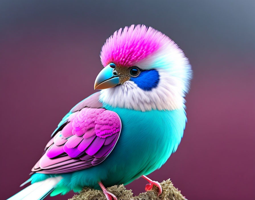 Colorful digitally altered bird perched on twig against soft-focus background