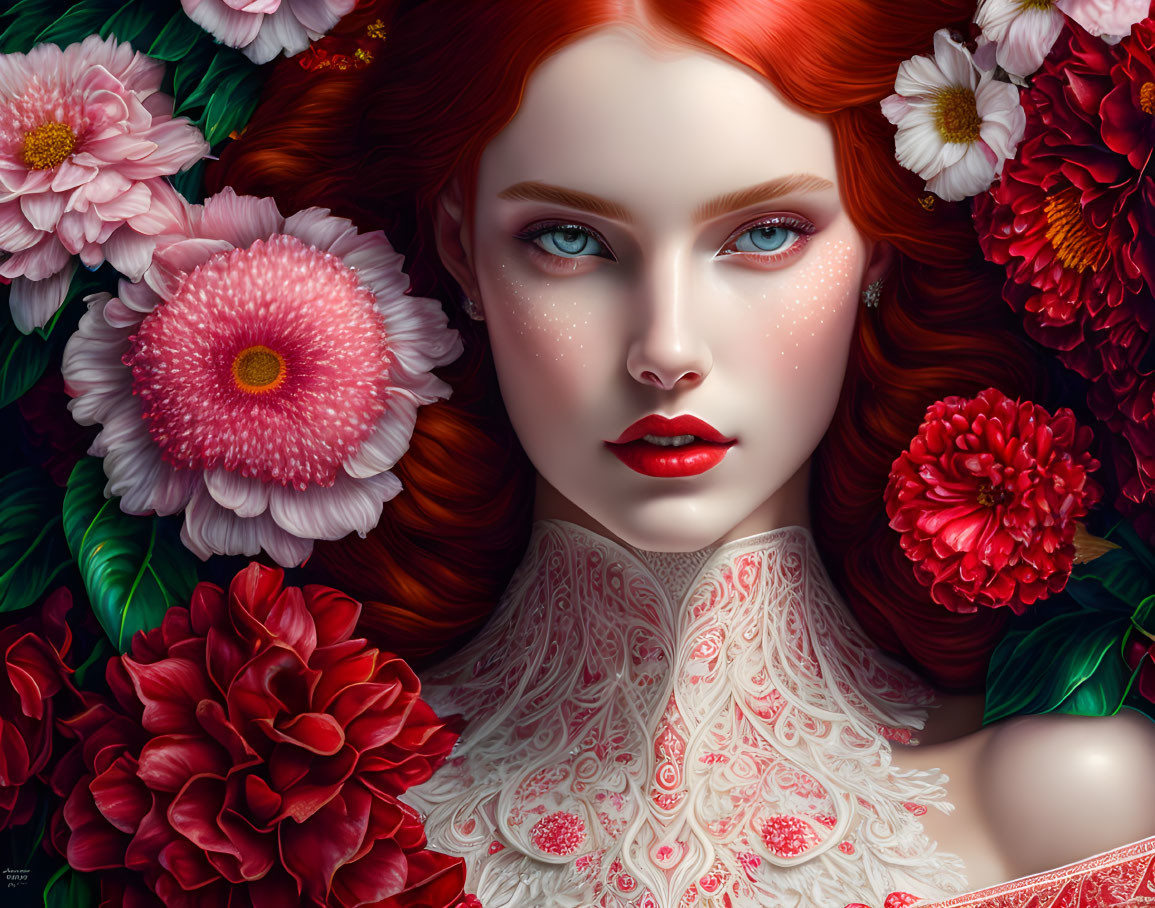 Digital Artwork: Woman with Red Hair and Blue Eyes Among Pink and Red Flowers