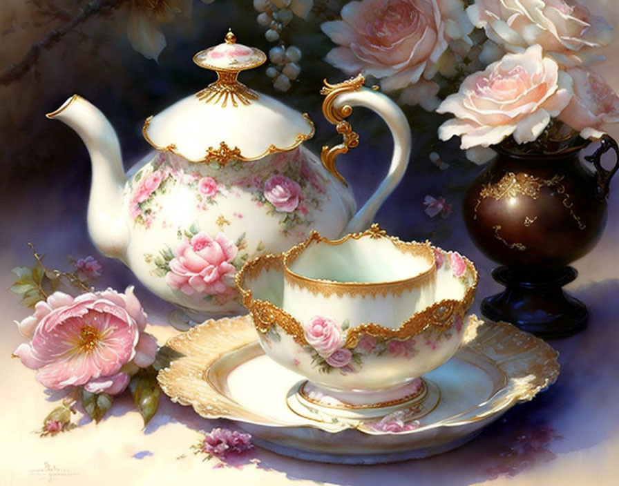 Porcelain teapot and cup set with pink roses and gold trim on floral table