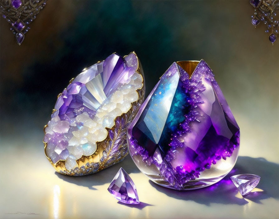 Vibrant Purple Geode Crystals and Gemstones Displayed on Reflective Surface