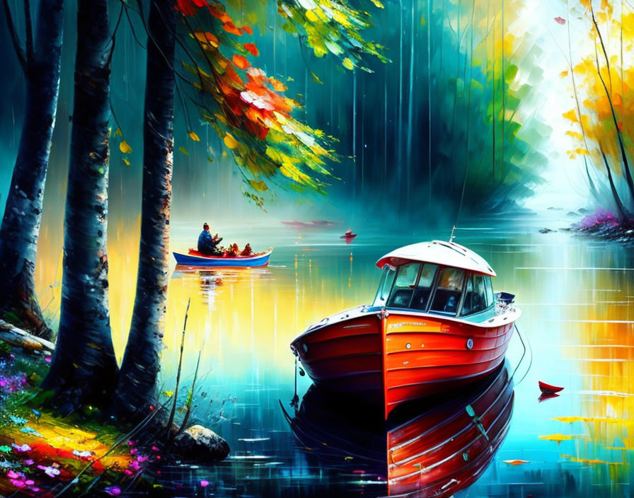 Scenic forest painting with lake, boat, and rowers