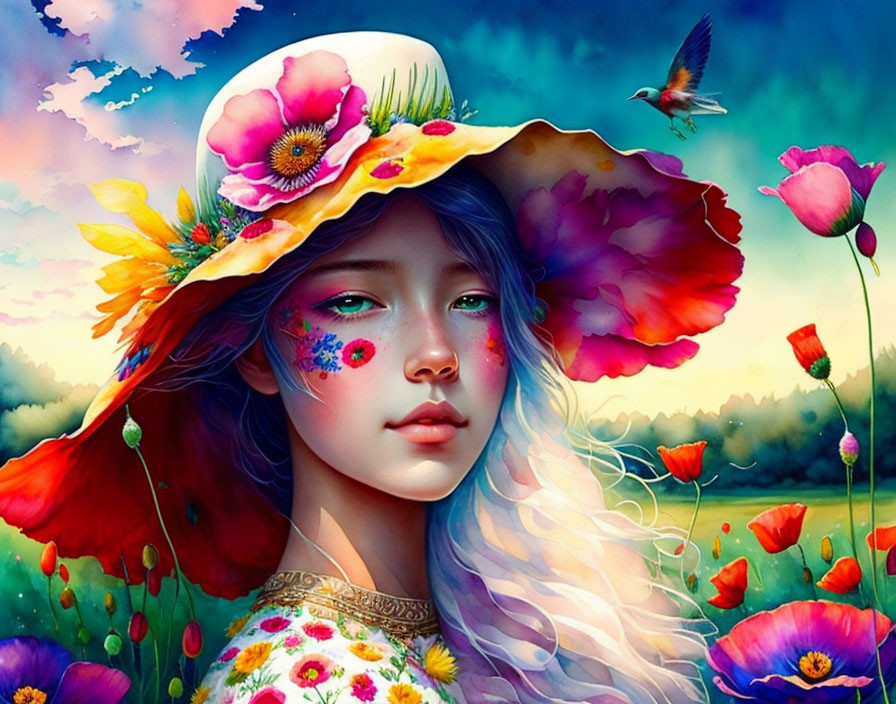 Colorful girl with flower hat, hummingbird, and blossoms in nature setting