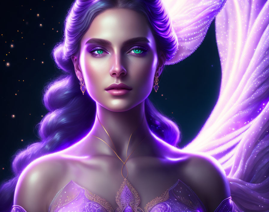 Digital illustration: Woman with green eyes, purple attire, glowing outlines, starry backdrop