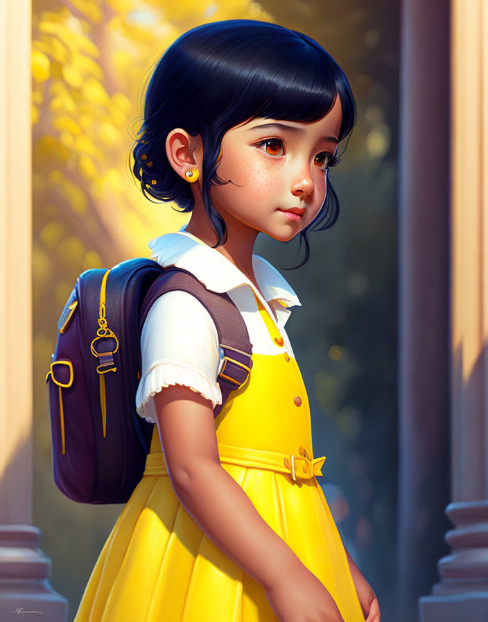 Young girl in yellow dress and backpack gazes wistfully in sunlit setting