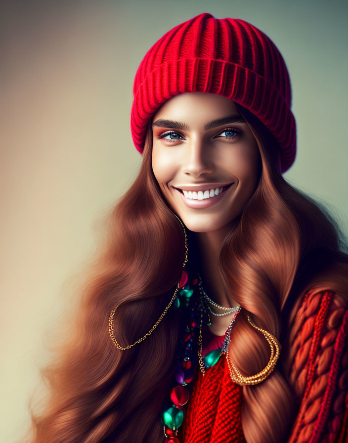 Smiling woman with auburn hair in red beanie and necklace on gradient background