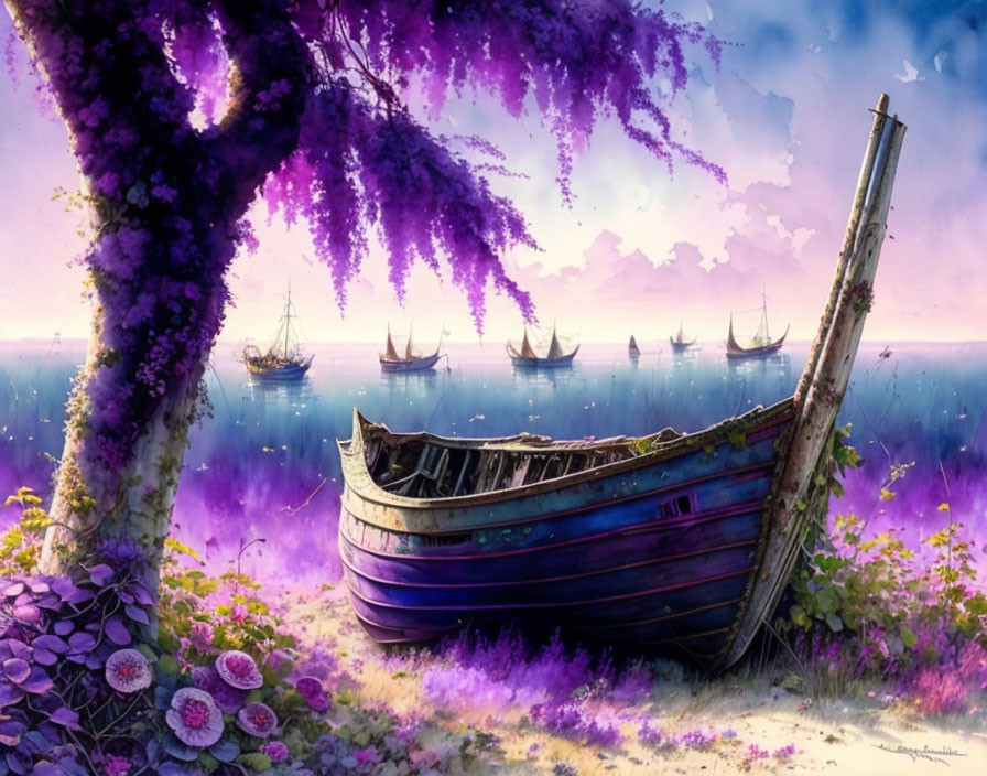 Weathered wooden boat surrounded by purple flowers near sailboats on calm water under purple sky.